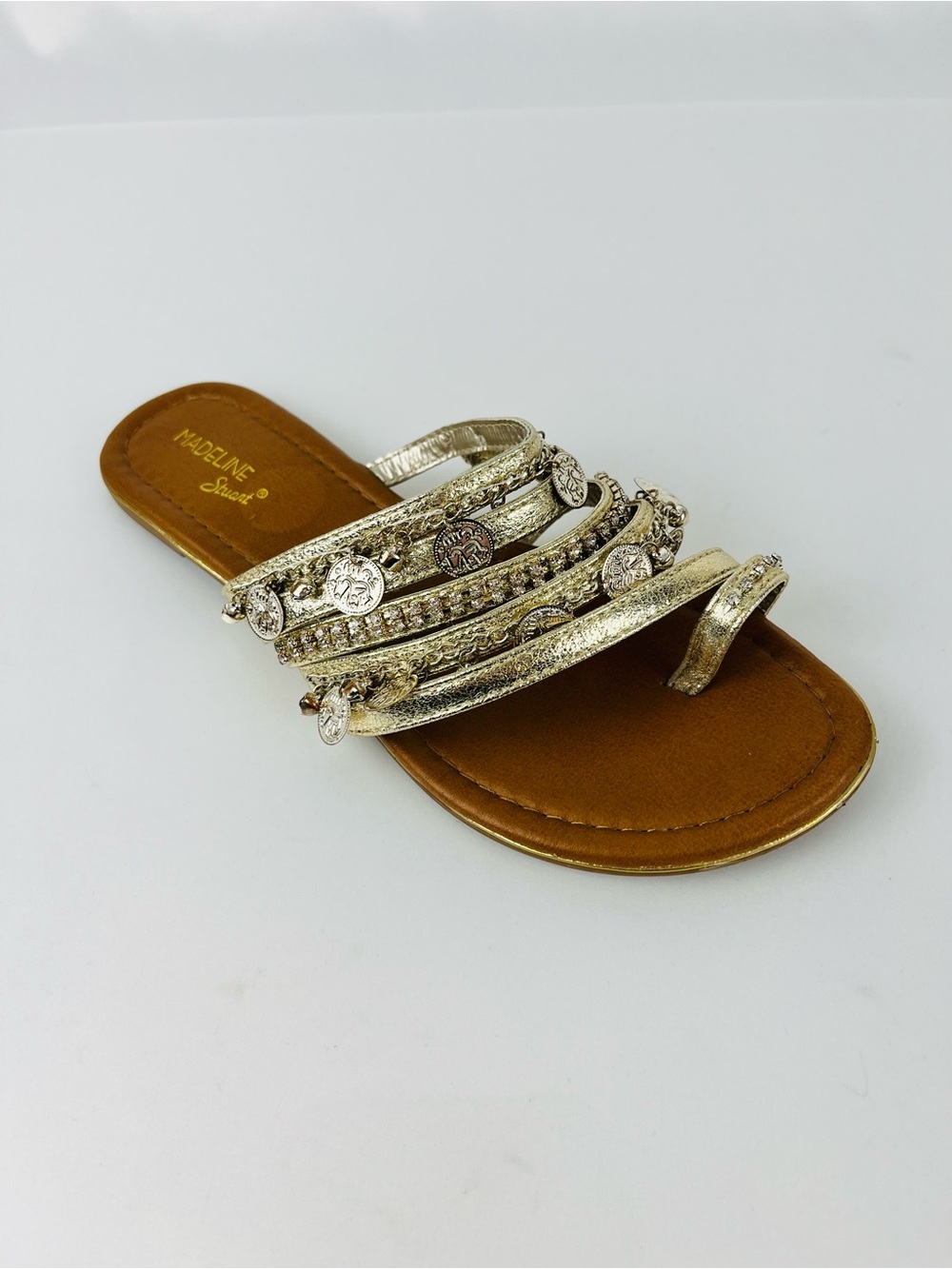Madeline Stuart Greek Coin Toe Loop Multi-Strap Slide Sandals Metallic Gold Sz 8